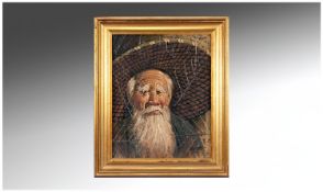 Oil Painting on Leaf Textured Board, Elderly Chinese man with long white beard and wide brimmed hat,