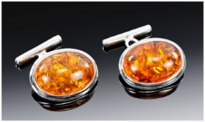 Gents Silver Cufflinks, Oval Fronts Set With Amber Coloured Stones.