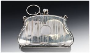 Silver Opera Purse, Of Shaped Form With Chain And Finger Ring, Fully Hallmarked For Birmingham u