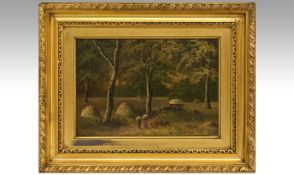 Zellie Platteau Nineteenth Century French Artist `Hay Gathering`. Oil on Panel, Period frame. 6.5 by