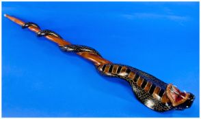 Egyptian Style Handpainted Wooden Snake Formed Walking Stick, with metal tip, 36 inches long.