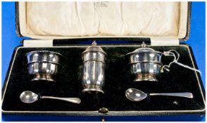 Art Deco Fine Silver 3 Piece Cruet Set with matching spoons and complete with blue liners with