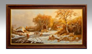 Malers Libuda (German Artist) Winter Scene. Signed and framed. 24 by 48 inches.