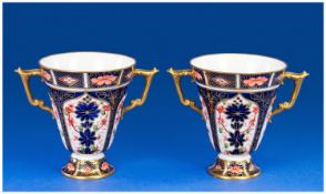 Royal Crown Derby Pair Of Imari Pattern Two Handled Tapered Cups. Date 1899. Each 4`` in height,