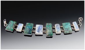 Ladies Silver Moonstone and Chrysocolla Bracelet. Stamped 925, Length 8 Inches.