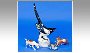 Four Animal Figures, Comprising Beswick Hound & Fox A/F, Russian Bird Figure + 1 Other.