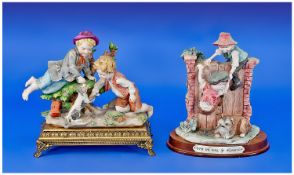 Capodimonte Figure of Two Young Boys playing with a dog, one boy lying on a tree trunk, his