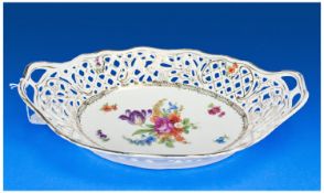 Dresden Two Handled Florally Decorated Basket with open work sides & gilt borders. 11.5`` in