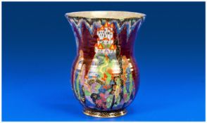 Art Deco Crown Devon Fieldings Bulbous Ribbed Lustre Vase, mattajade with fairy castle decoration on