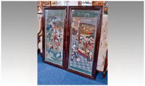 Pair of Japanese Hand Painted Panels, traditional scenes with Geishas. Framed 19 by 44 inches.