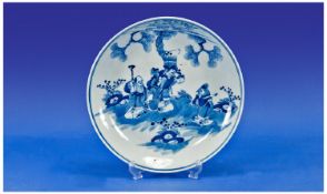 Chinese Kangxi Style Shallow Dish, hand painted blue on white decoration showing a man and woman,