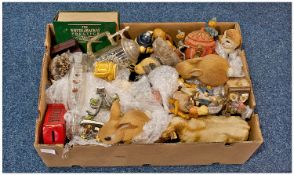 Large Box of Miscellaneous, comprising glass ship in bottles, porcelain figures, glass tankards,