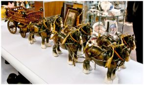 Beswick Good Collection of Six Shire Horses, all with harness and carriage. Model no 818.
