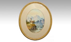 E J Herring Watercolour of Alpine Scene. Framed with oval Mount in gilt frame. Signed lower left.