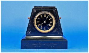 French Late 19th Century Black Marble Mantel Clock. Egyptian style. Features 8 day movement, strikes
