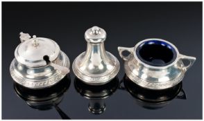 Art Deco Silver 3 Piece Cruet Set. Hallmark Birmingham 1923. Silver 108.4grams.