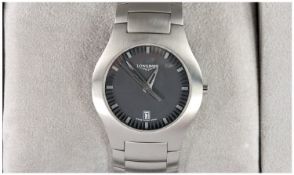 Longines Gentleman`s Steel Watch and Bracelet, Centre Seconds Hand, Baton Markers Date Aperture @ 6.