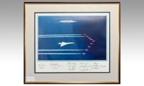 Print of Concorde, QE2, and the Red Arrows, Signed by the QE2 Captain, Concorde Crew, the Red