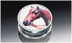 Silver Pill Box, Of Circular Form, The Enamelled Hinged Top Showing An Image Of A Horse`s Head.