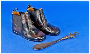 Pair Of Small Leather Boots By `Cynella`. Posiably For Display Purposes Together With A Brass Shoe