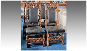 Set of Four Late Victorian Oak Side Chairs, all with carved crest rails, each depicting a carved