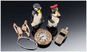 Small Misc Lot Comprising American Novelty ``Willie`` Pepperettes, Waltham Pocket Watch, Whistle,
