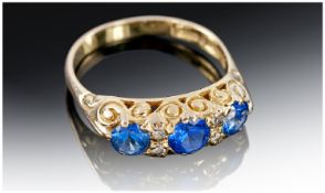 Ladies 9ct Gold Victorian Style Dress Ring. Comprising 3 Oval Ceylon Blue Coloured Stones and