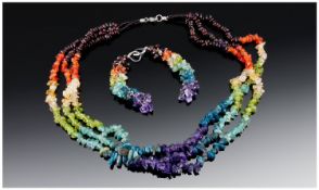 Rainbow of Gemstones Triple Strand Necklace and Earring Set, all pieces strung in the correct colour