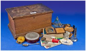 Wooden Hinged Box, Containing A Collection Of Oddments And Collectables, Comprising Pocket Watch,