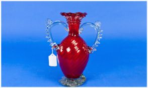 Victorian Style Ruby Glass Vase, ovoid body, narrow neck with three rings below the flared,