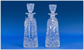 Pair Of 1950`s Cut Glass Tapered Decanters, star cut bases. Each 11`` in height.