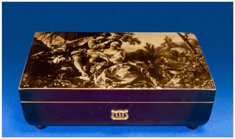 Swiss Made Musical Box, The Hinged Lid Showing An Image Of A Serenading Couple.  Movement Marked