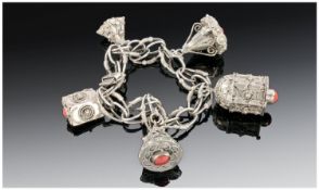 Silver Charm Bracelet, Fancy Link Bracelet Set With Five Large Charms With Coral Cabochons,