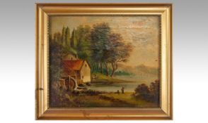 19th Century, unsigned oil on canvas. a watercolour by a lake with figures and a man fishing,