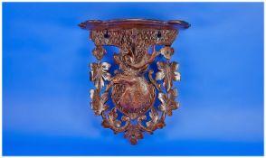 Large Victorian Birchwood Carved Wall Bracket, the front carved with a stag`s head projecting