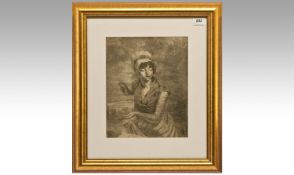 French 18th Century Charcoal Drawing Of A Young Woman Holding Sheafs Of Wheat In Her Left Hand and