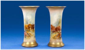 Royal Worcester Pair Of Hand Painted Trumpet Shaped Vases, `Highland Cattle` Signed H.Stinton. (