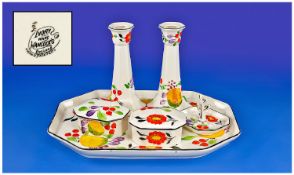 Hancocks Art Deco Handpainted Ladies Six Piece Vanity Set. Circa 1930`s, bright colours. Tray 12