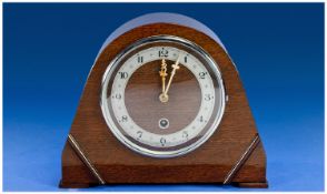 Bentima Laquered Oak Case Mantle Clock, silvered chapter dial, chrome bezel. Circa 1950`s, 8.5