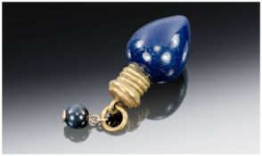 Small Pear Shaped Bristol Blue Coloured Scent Bottle, With Brass Fittings And Screw Top.