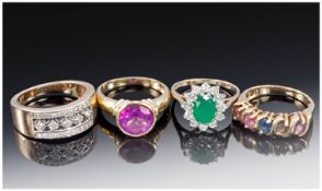 Collection Of Four 9ct Gold Dress Rings, Comprising Diamond Cluster, Five Stone Coloured Sapphire,