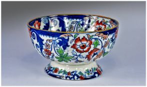 Amherst Japan Ironstone Footed Bowl, the typically floral pattern in deep blue and iron red of the