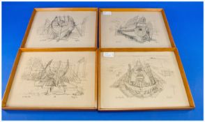 Set of Four Framed Pencil Drawings of Nelson`s Flag Ship `The Victory`, being repaired at