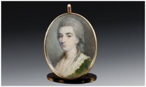 18th/19thC Portrait Miniature, Depicting A Young Woman With Powdered Hair Wearing A Pearl
