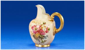 Royal Worcester Blush Ivory Jug, wild flowers. Gold handle & borders. Date 1905. 5`` in height.
