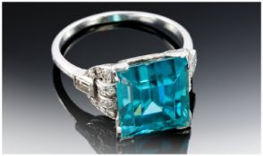 Platinum Diamond And Zircon Ring, Set With A Large Square Central Zircon (11 x 9.80 x 7.81mm)