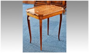 Modern Italian Inlaid Tea Table, the tray top lifting off and revealing multiple sections and