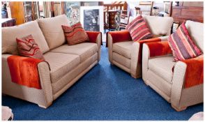 Contemporary Three Piece Suite, upholstered in oatmeal coloured plain fabric, comprising two