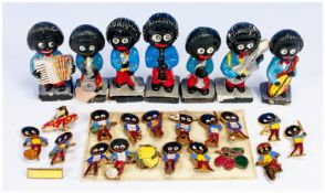 Robertsons Jam Handpainted Pottery Golly Band Figures, 7 in total. Plus badges etc.