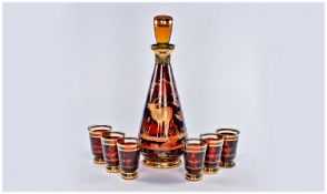 Italian Glass Decanter Set, in ruby glass, with amber coloured stopper, etched decoration to body,